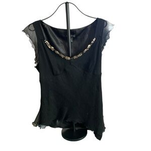 Spencer Jeremy Black Silk Sequin Blouse Sheer Ruffle Sleeves Size XL